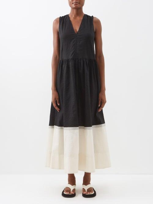 Lee Mathews - Gina Cotton-seersucker Midi Dress - Womens - Black White