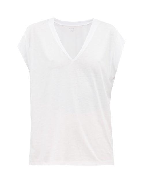 Matchesfashion.com Frame - Le Mid V Neck Cotton T Shirt - Womens - White