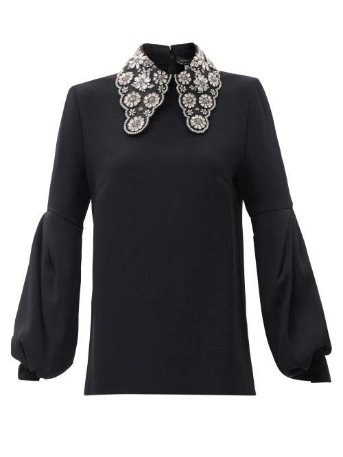 Matchesfashion.com Andrew Gn - Crystal-embellished Spearpoint-collar Crepe Blouse - Womens - Black