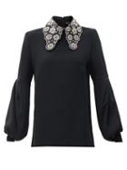 Matchesfashion.com Andrew Gn - Crystal-embellished Spearpoint-collar Crepe Blouse - Womens - Black