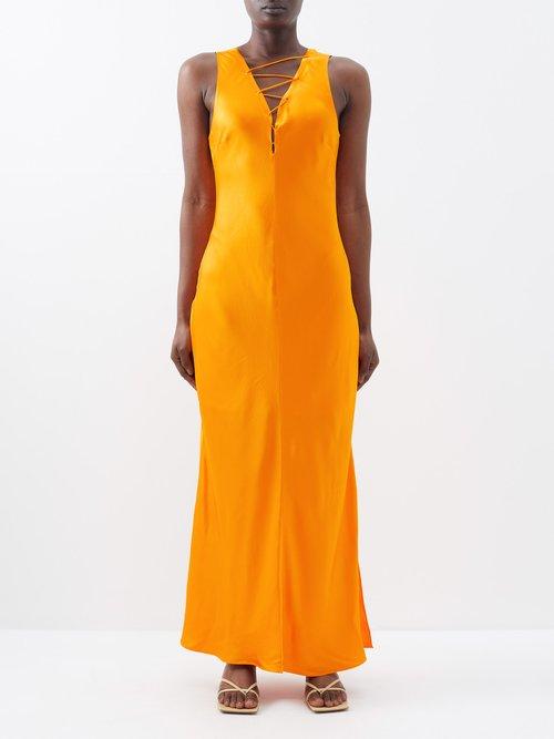 Frame - Striped Lace-front Satin Midi Dress - Womens - Orange