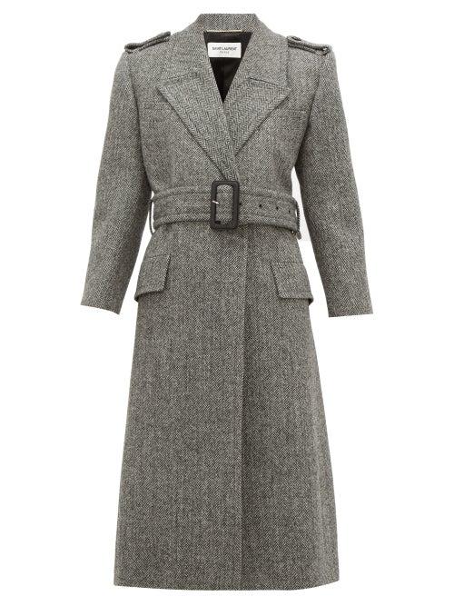 Matchesfashion.com Saint Laurent - Notched Lapels Virgin Wool Herringbone Coat - Womens - Grey White