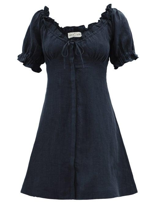 Matchesfashion.com Casa Raki - Valentina Puff-sleeved Linen Dress - Womens - Navy