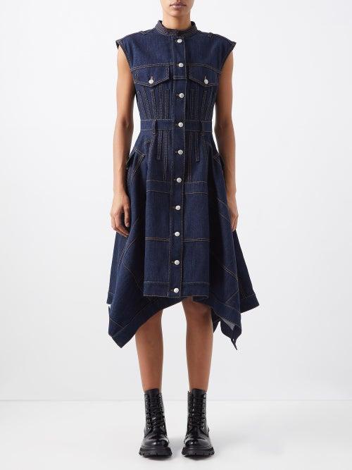 Alexander Mcqueen - Handkerchief-hem Denim Midi Dress - Womens - Dark Denim