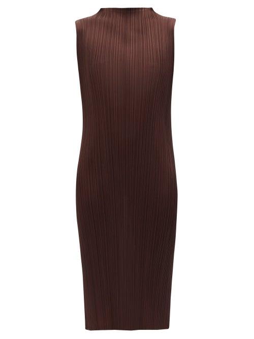 Ladies Rtw Pleats Please Issey Miyake - High-neck Technical-pleated Midi Dress - Womens - Dark Brown