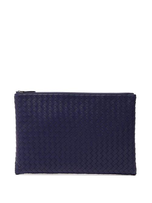 Matchesfashion.com Bottega Veneta - Intrecciato Leather Pouch - Mens - Navy