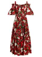 Matchesfashion.com Dolce & Gabbana - Anenome Print Ruffle Cotton Midi Dress - Womens - White Multi