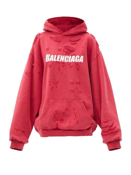 Matchesfashion.com Balenciaga - Distressed Logo-print Cotton Hooded Sweatshirt - Womens - Red