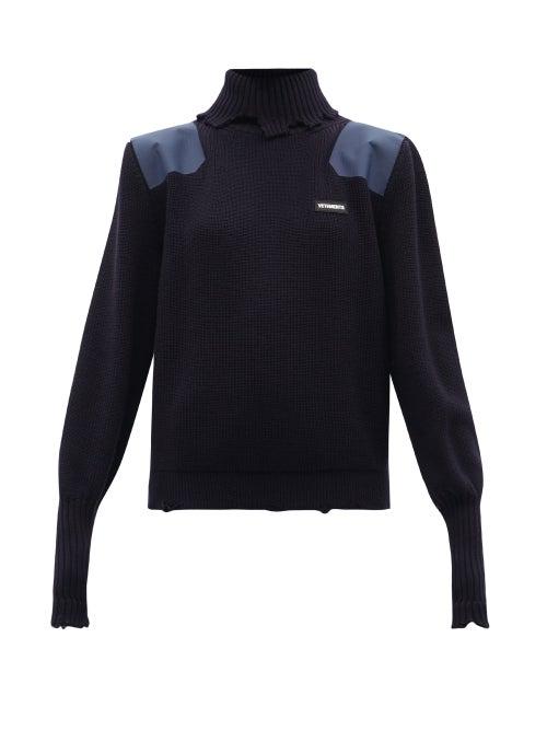Ladies Rtw Vetements - Distressed Ribbed Merino Wool-blend Sweater - Womens - Navy