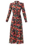 Matchesfashion.com Saloni - Vanessa-b Dusk Moonflower-print Silk Shirt Dress - Womens - Burgundy Multi