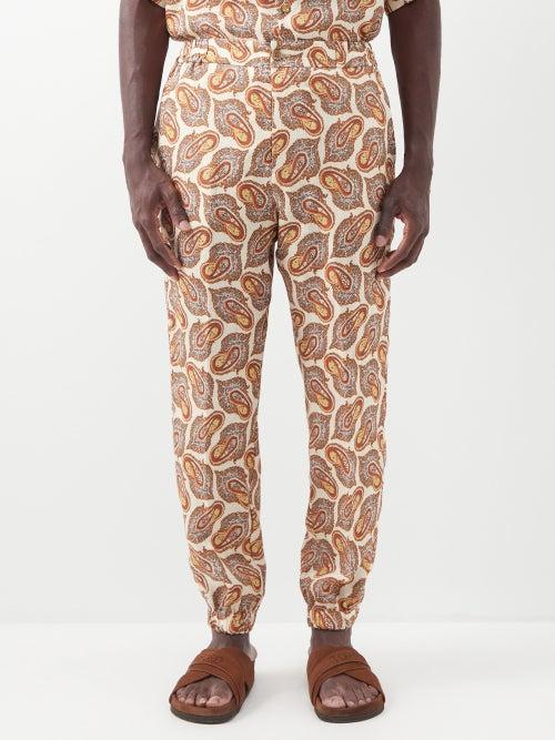 Etro - Paisley-print Linen Drawstring Trousers - Mens - Yellow Multi