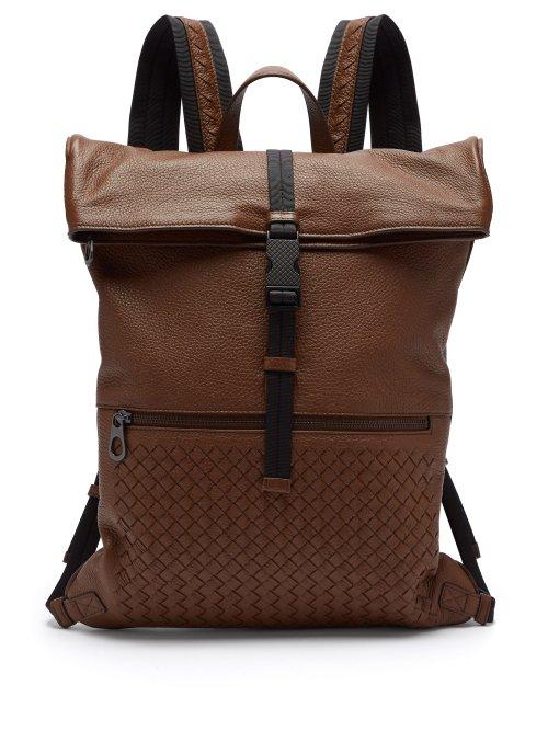 Matchesfashion.com Bottega Veneta - Intrecciato Fold Over Leather Backpack - Mens - Dark Brown