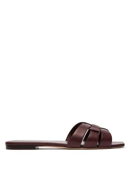 Matchesfashion.com Saint Laurent - Tribute Nu Pieds Leather Slides - Womens - Burgundy