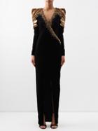 Balmain - Sequinned-shoulder Side-slit Velvet Gown - Womens - 01bk