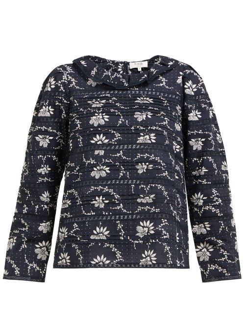 Matchesfashion.com Sea - Tatiana Pintucked Floral Print Cotton Blouse - Womens - Navy