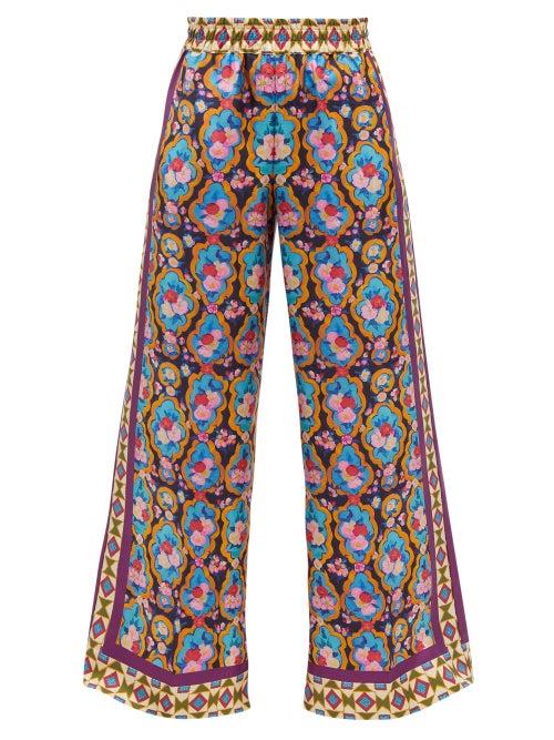 La Doublej - Matisse-print Silk-twill Palazzo Trousers - Womens - Red Multi