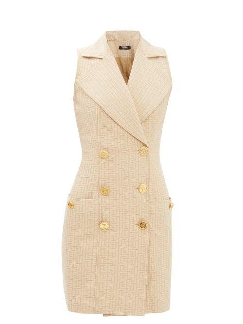 Balmain - Double-breasted Jacquard Mini Dress - Womens - Nude