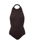 Matchesfashion.com Bottega Veneta - Halterneck Crinkle-ribbed Swimsuit - Womens - Navy