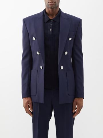 Balmain - Double-breasted Wool-twill Suit Jacket - Mens - Marine