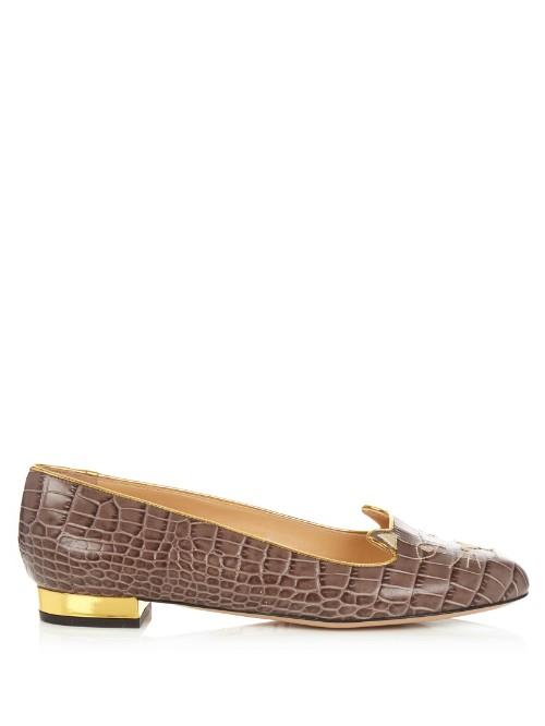 Charlotte Olympia Kitty Crocodile-effect Leather Flats