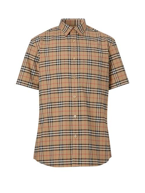 Mens Rtw Burberry - Simpson Short-sleeved Check Cotton-poplin Shirt - Mens - Beige