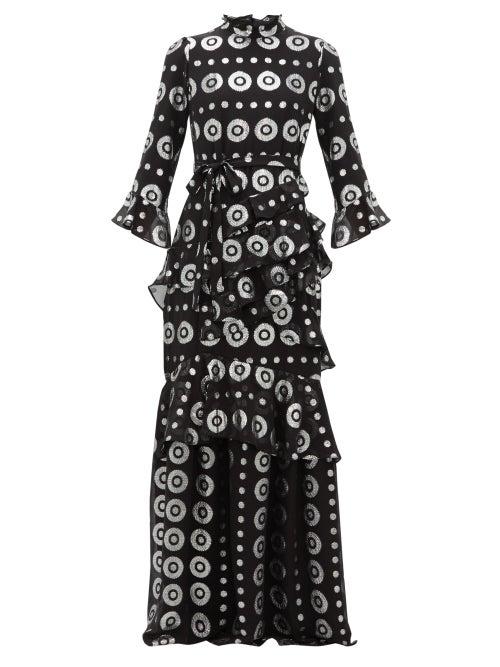 Matchesfashion.com Saloni - Marissa Metallic Silk Blend Jacquard Maxi Dress - Womens - Black Silver