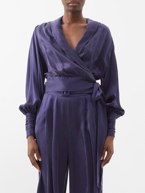 Zimmermann - Shawl-collar Cropped Silk Wrap Blouse - Womens - Dark Navy