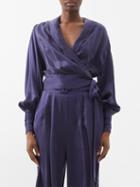 Zimmermann - Shawl-collar Cropped Silk Wrap Blouse - Womens - Dark Navy