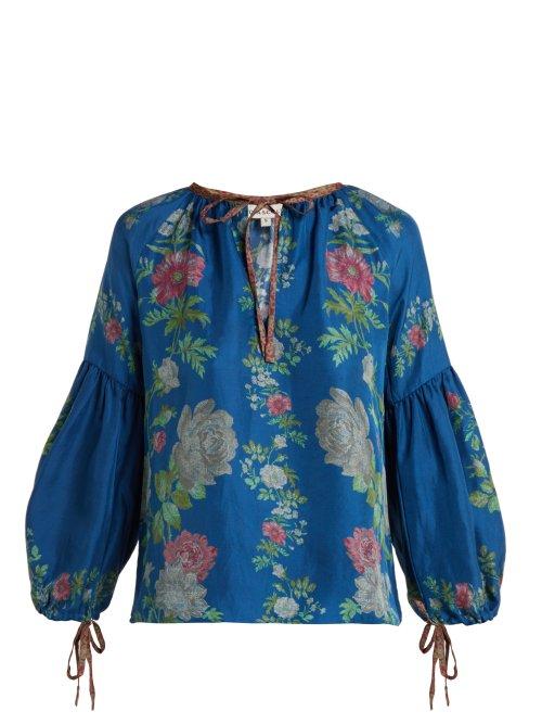 Matchesfashion.com D'ascoli - Russia Balloon Sleeve Silk Top - Womens - Blue Print