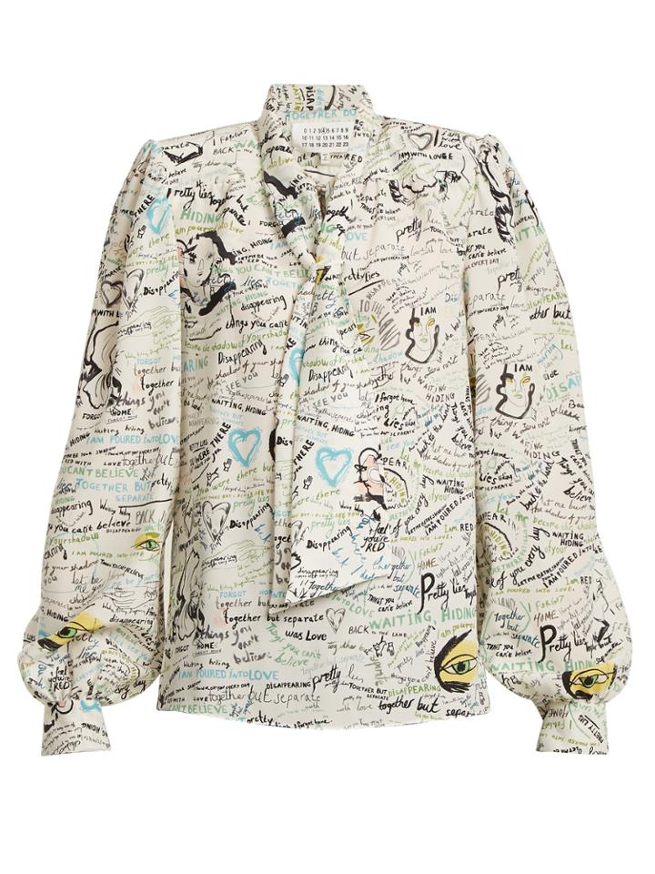 Maison Margiela Scribble-print Tie-neck Silk Blouse