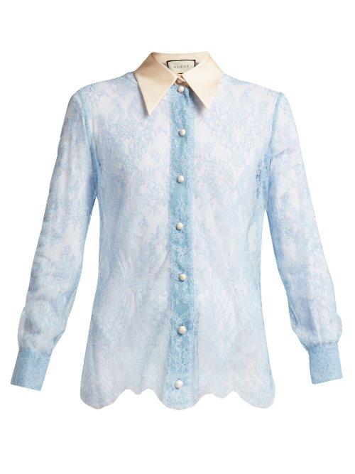 Matchesfashion.com Gucci - Ribbon Tie Sheer Chantilly Lace Blouse - Womens - Light Purple
