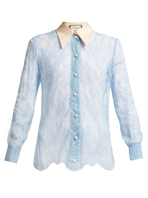 Matchesfashion.com Gucci - Ribbon Tie Sheer Chantilly Lace Blouse - Womens - Light Purple