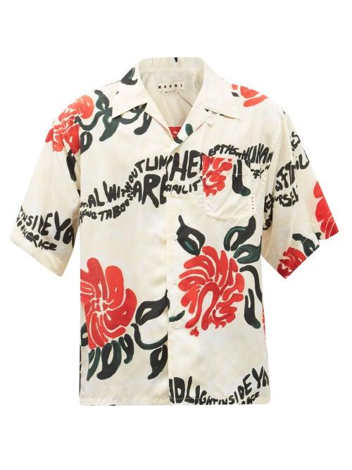 Matchesfashion.com Marni - Cuban-collar Floral-print Poplin Shirt - Mens - Red White