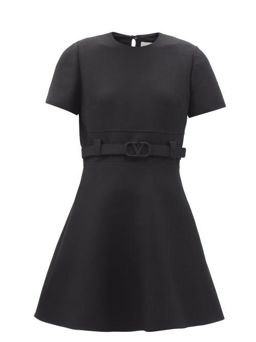 Ladies Rtw Valentino - Crepe Couture V-logo Belted Wool-blend Mini Dress - Womens - Black