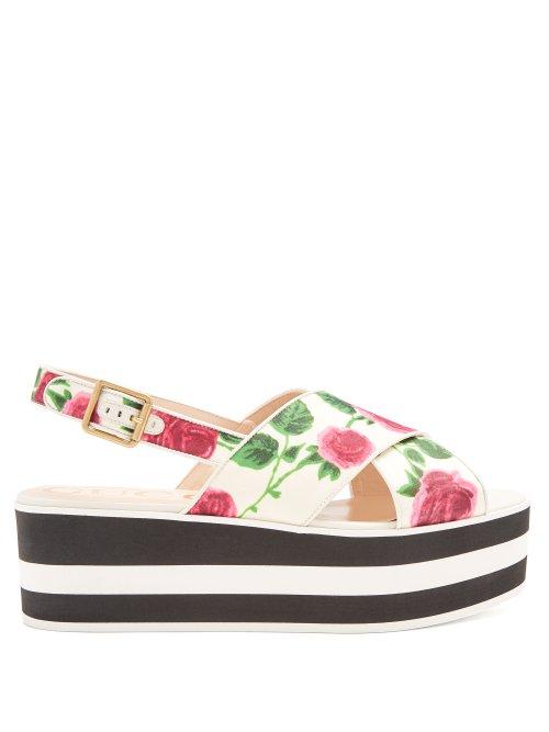 Matchesfashion.com Gucci - Peggy Floral Print Flatform Slides - Womens - White Multi