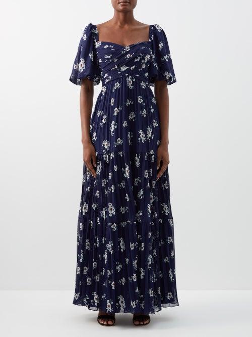 Self-portrait - Pansy-print Pleated-chiffon Maxi Dress - Womens - Navy Multi