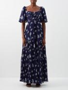 Self-portrait - Pansy-print Pleated-chiffon Maxi Dress - Womens - Navy Multi