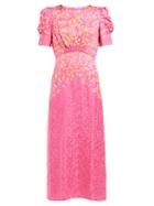 Matchesfashion.com Saloni - Bianca Floral Embroidered Silk Dress - Womens - Pink Multi