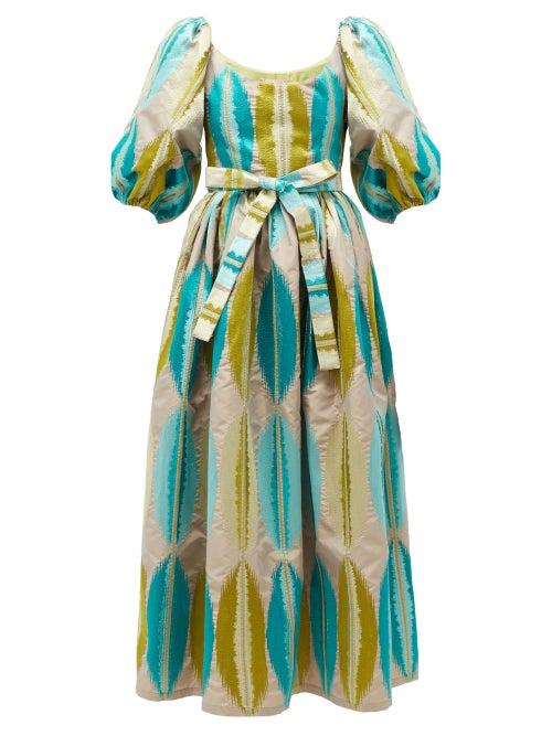 Matchesfashion.com Marta Ferri - Puff-sleeve Abstract-jacquard Dress - Womens - Green