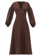 Matchesfashion.com Emilia Wickstead - Tiege Baloon-sleeve Wool-crepe Midi Dress - Womens - Brown