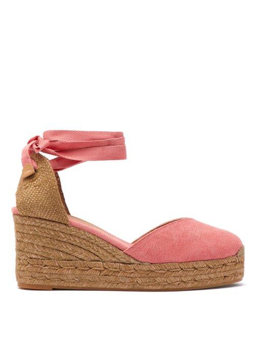 Matchesfashion.com Castaer - Chiara Canvas Ankle Tie Wedge Espadrilles - Womens - Pink