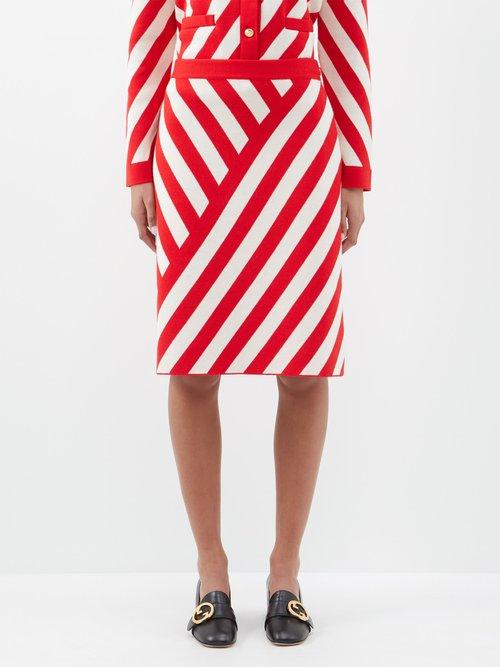 Gucci - Chevron-stripe Wool A-line Skirt - Womens - Red White