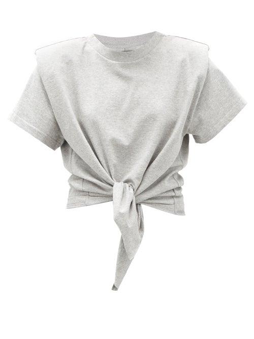 Matchesfashion.com Isabel Marant - Belita Padded-shoulder Knotted Cotton T-shirt - Womens - Grey