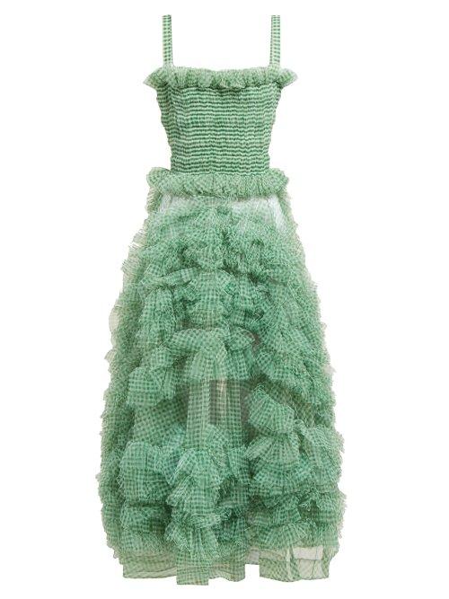 Matchesfashion.com Molly Goddard - Flo Gingham Organza Ruffle Midi Dress - Womens - Green