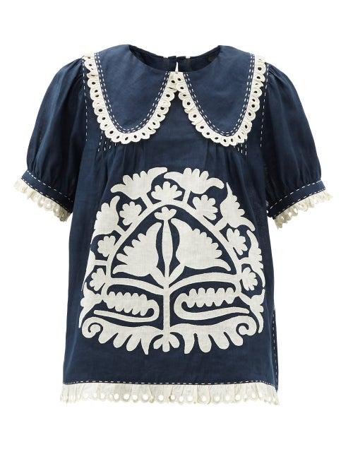 Matchesfashion.com Vita Kin - Shalimar Floral-appliqu Linen Blouse - Womens - Navy