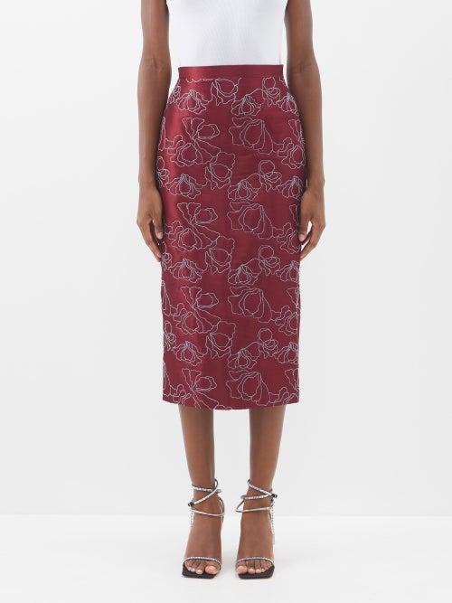 Kika Vargas - Amelia Floral-embroidered Silk-blend Taffeta Skirt - Womens - Dark Red