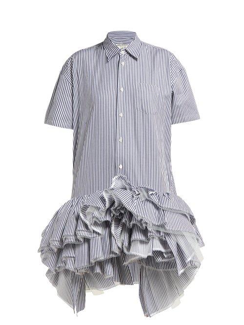Matchesfashion.com Junya Watanabe - Striped Ruffled Tulle Tier Cotton Shirtdress - Womens - Blue Multi