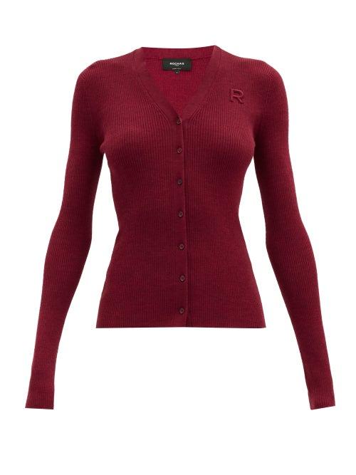 Matchesfashion.com Rochas - V-neck Logo-appliqu Ribbed Wool Cardigan - Womens - Burgundy