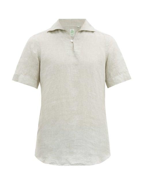 Matchesfashion.com Finamore 1925 - Palma Notch Neck Slubbed Linen Poplin Shirt - Mens - Grey