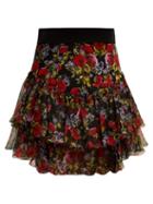 Matchesfashion.com Dolce & Gabbana - Floral Print Tiered Silk Blend Skirt - Womens - Black Multi